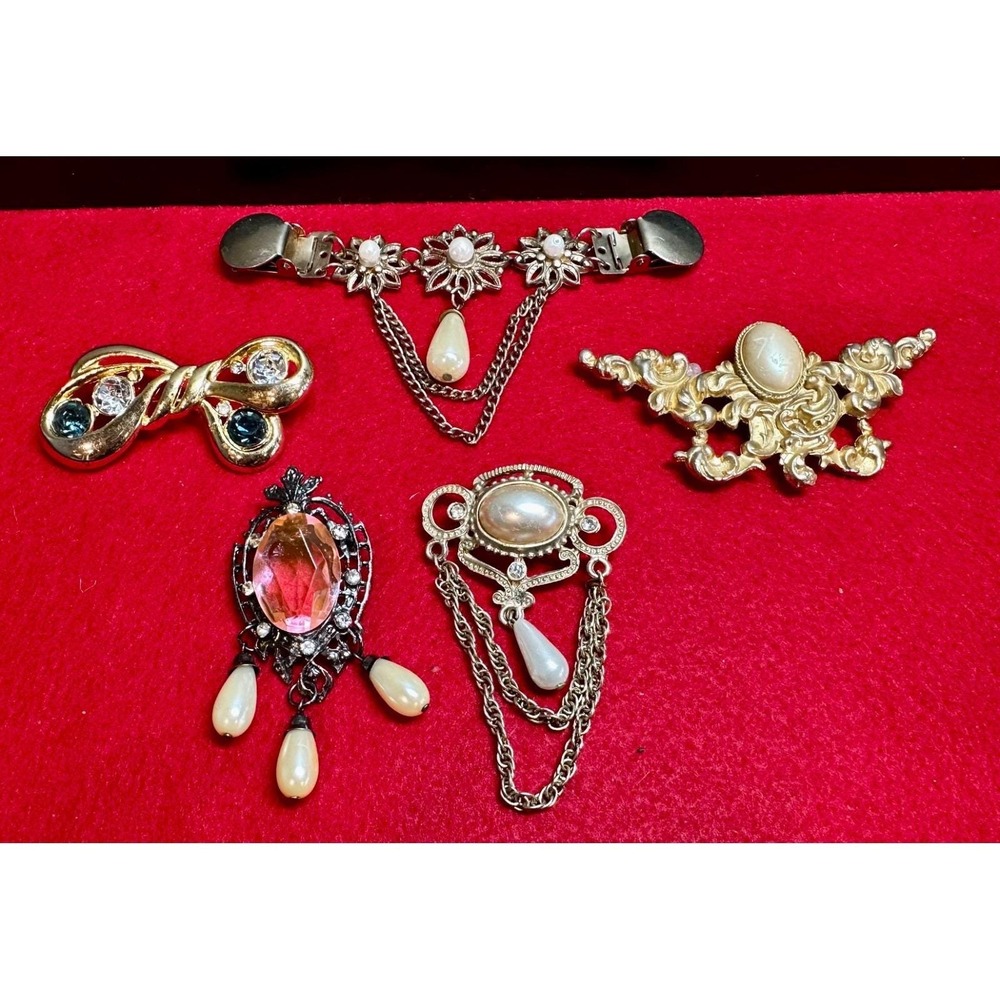 Vintage Brooch & Sweater Clip Lot of 5 Rhinestone Faux Pearl Gold Silver Tone